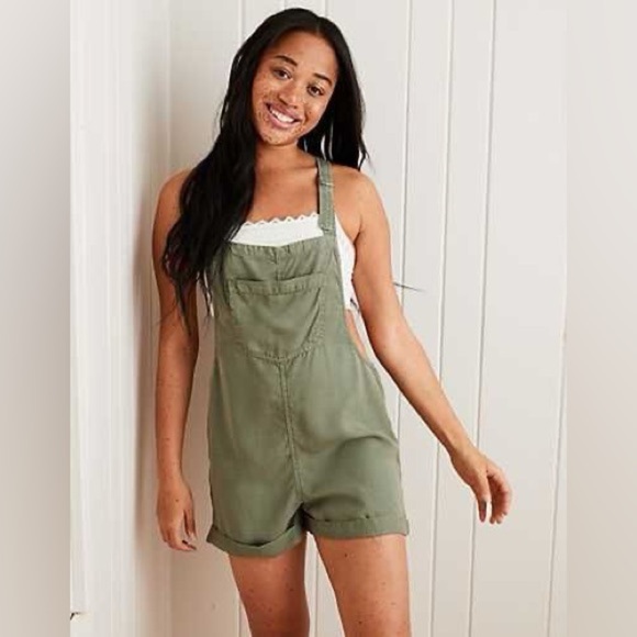 aerie Pants - Aerie - Streetwear Earthy Tones Casual Green Overalls with Cross Back Straps
